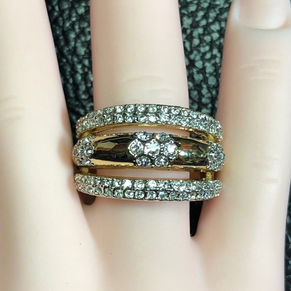 Gold Crystal Wide Band Ring Flower Pave 3 Row Stacked Sz 7 Camille Lucie France